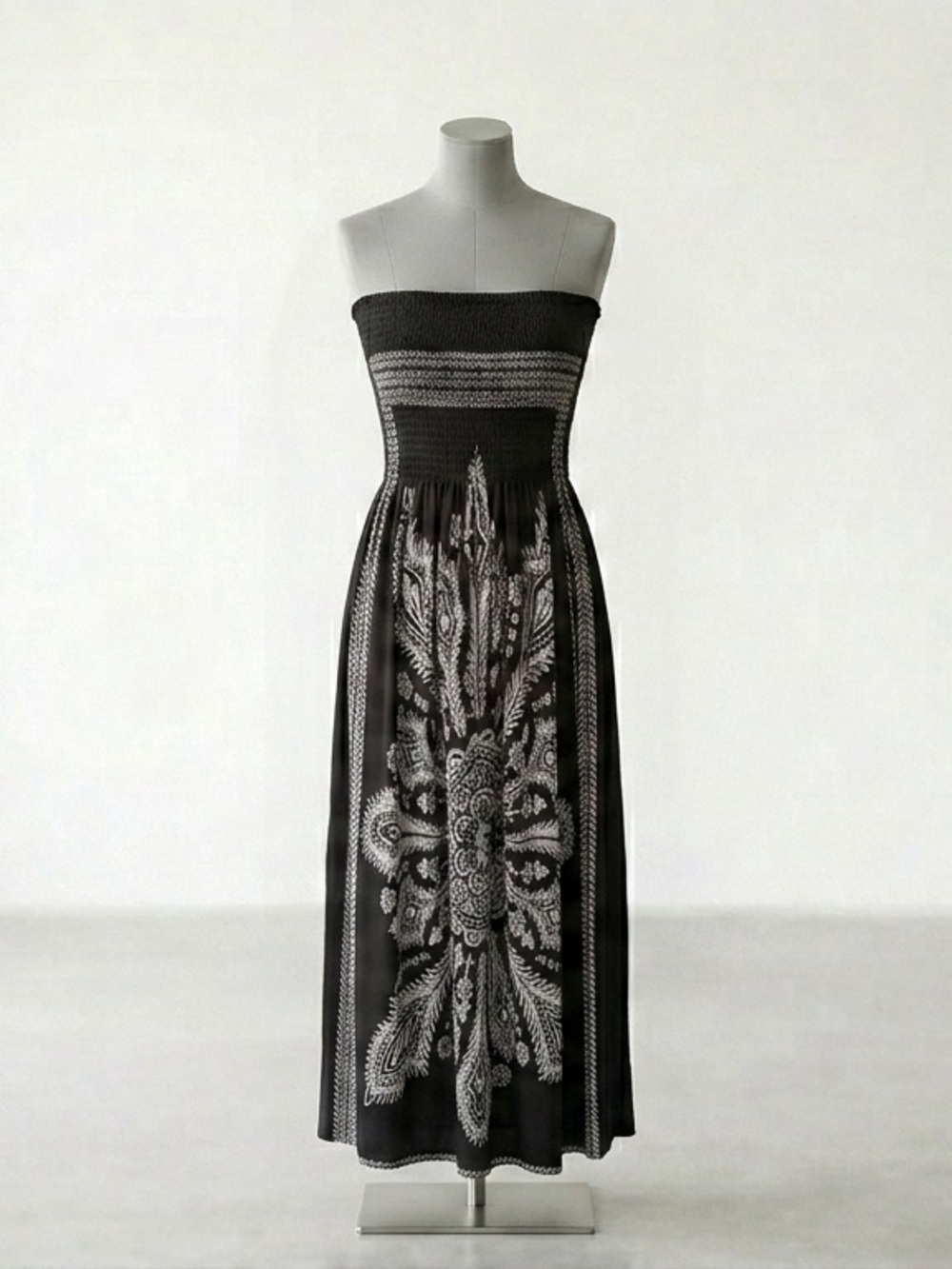 VENUS Black Strapless Smocked Maxi Dress with White Paisley Motif